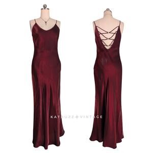 Vintage Prom Dress Maxi Gown L Red Goth 90s Y2K Grunge Maroon Slip Satin Glam